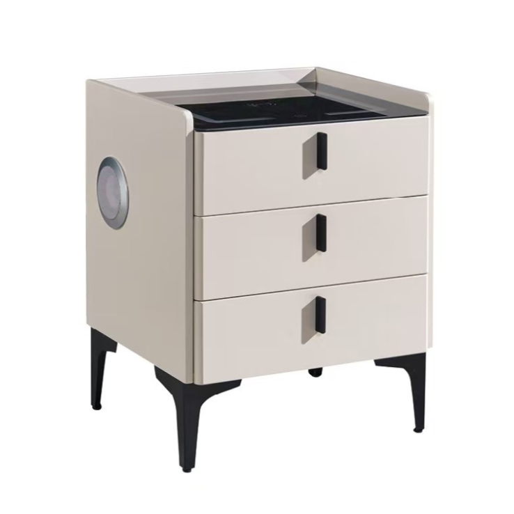 Beige nightstand with three drawers on a white background