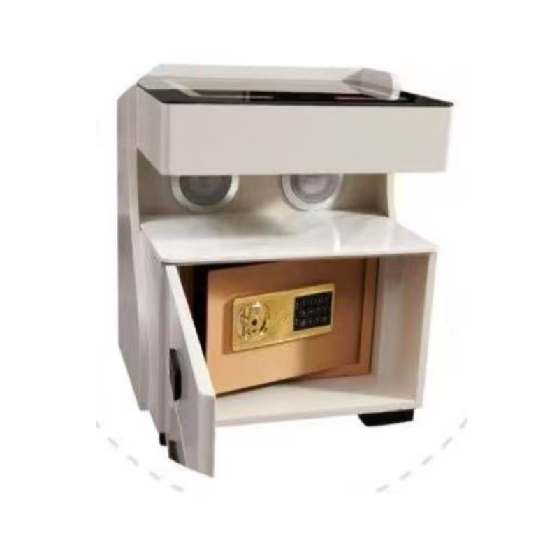 Modern safe with open door revealing a gold interior on a white background