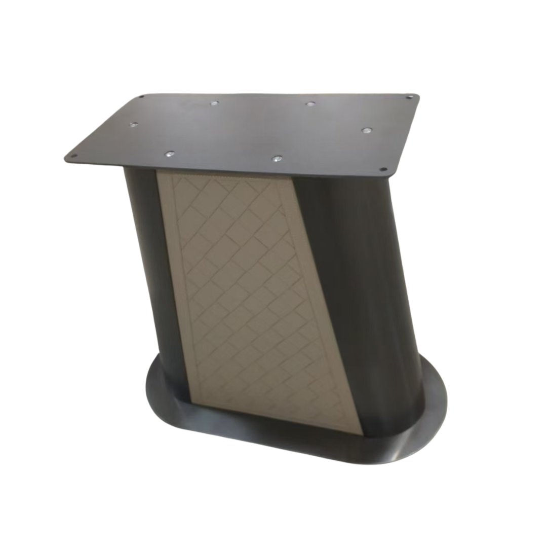Black and gray stand with textured surface on a white background