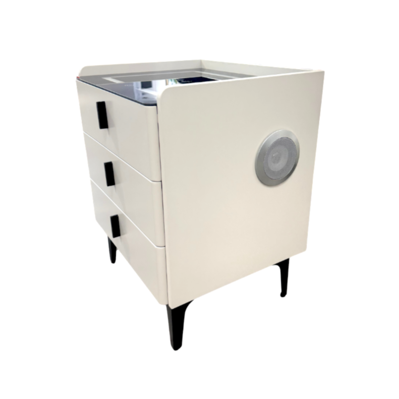 White kitchen island with sink and drawers on a white background