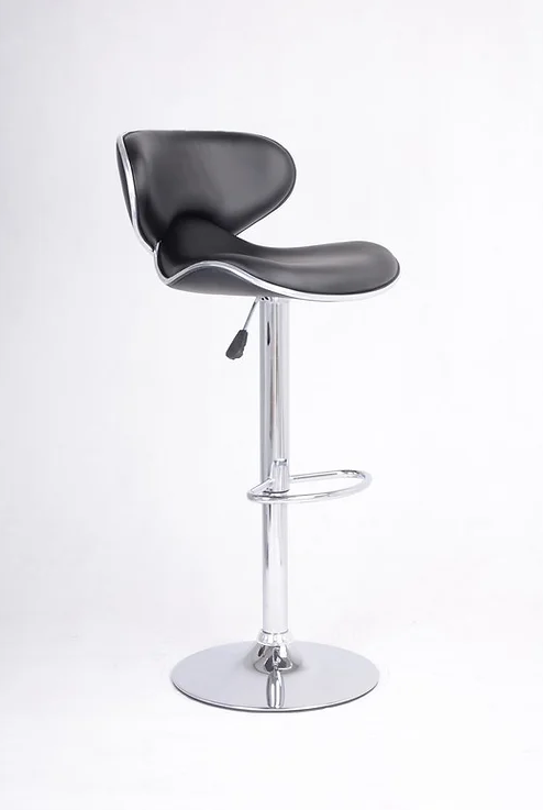A black leather bar stool with a curved chrome metal stool and a round chrome base.