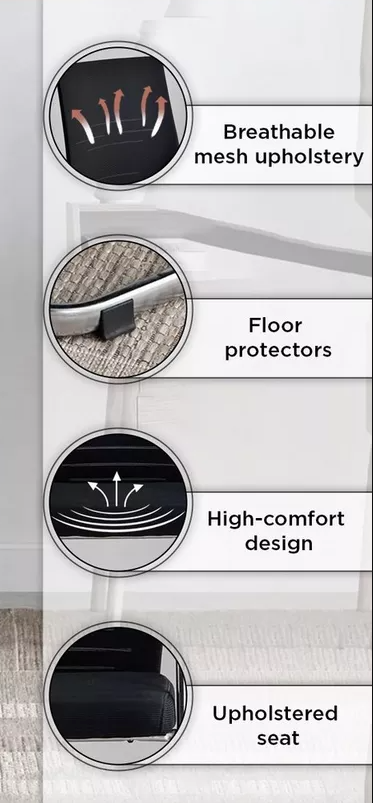 Product features with icons and text on a white background