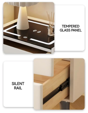 Bedside table with tempered glass panel and silent rail mechanism, featuring text labels.