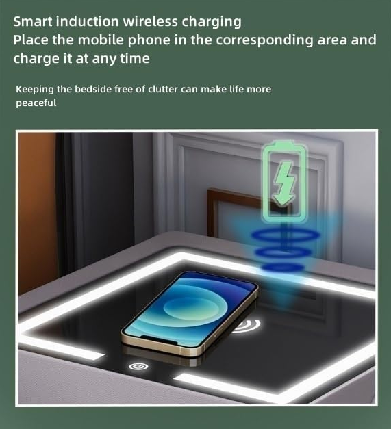 Smart induction wireless charging system with a phone on a charging pad.