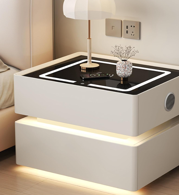 Modern nightstand with LED lighting in a bedroom setting