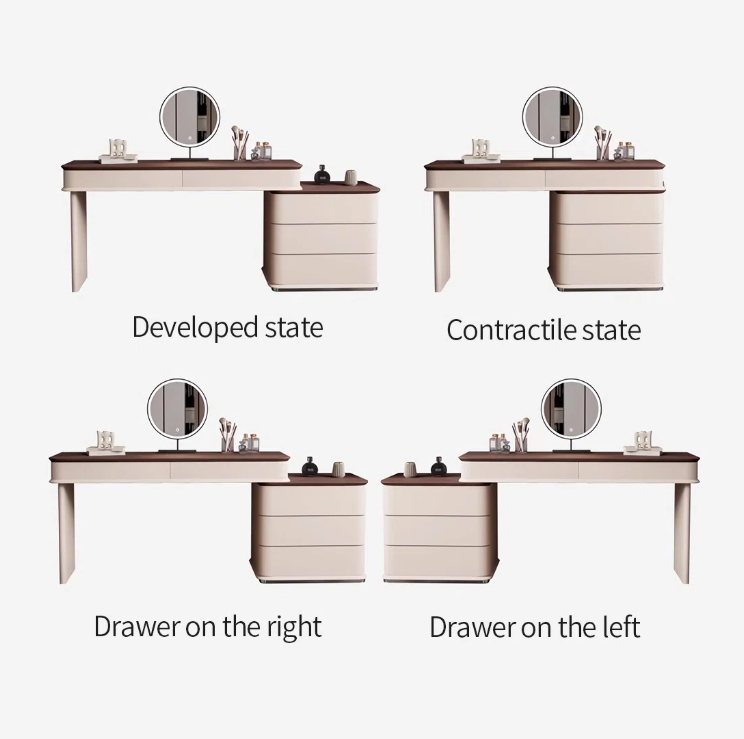 Illustration of a desk with a mirror and drawers in different states on a white background.