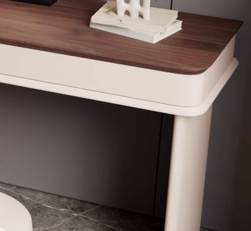 Wooden desk with a white base against a gray wall
