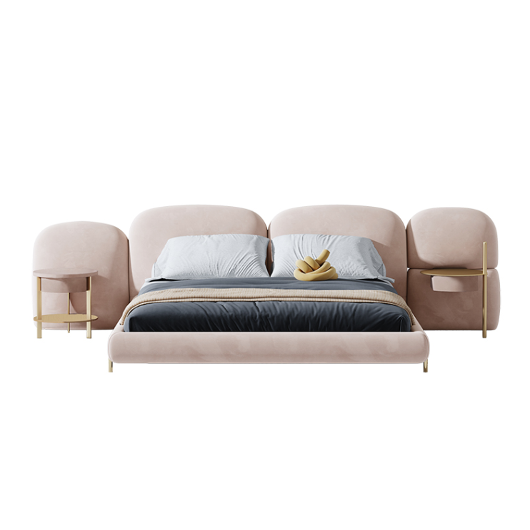 Modern pink bed with side tables on a white background