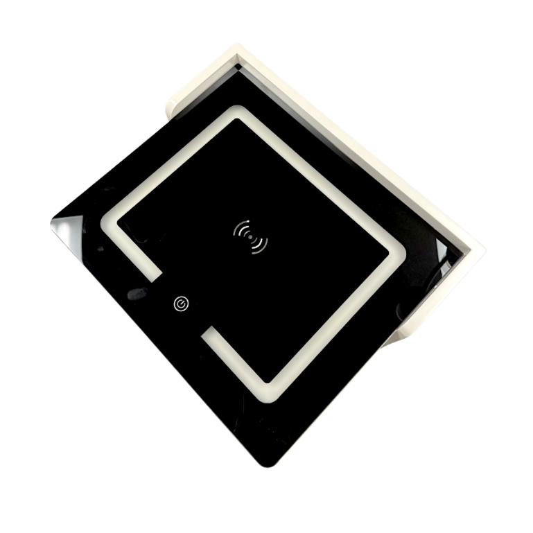 Black rectangular electronic device with a white border on a white background