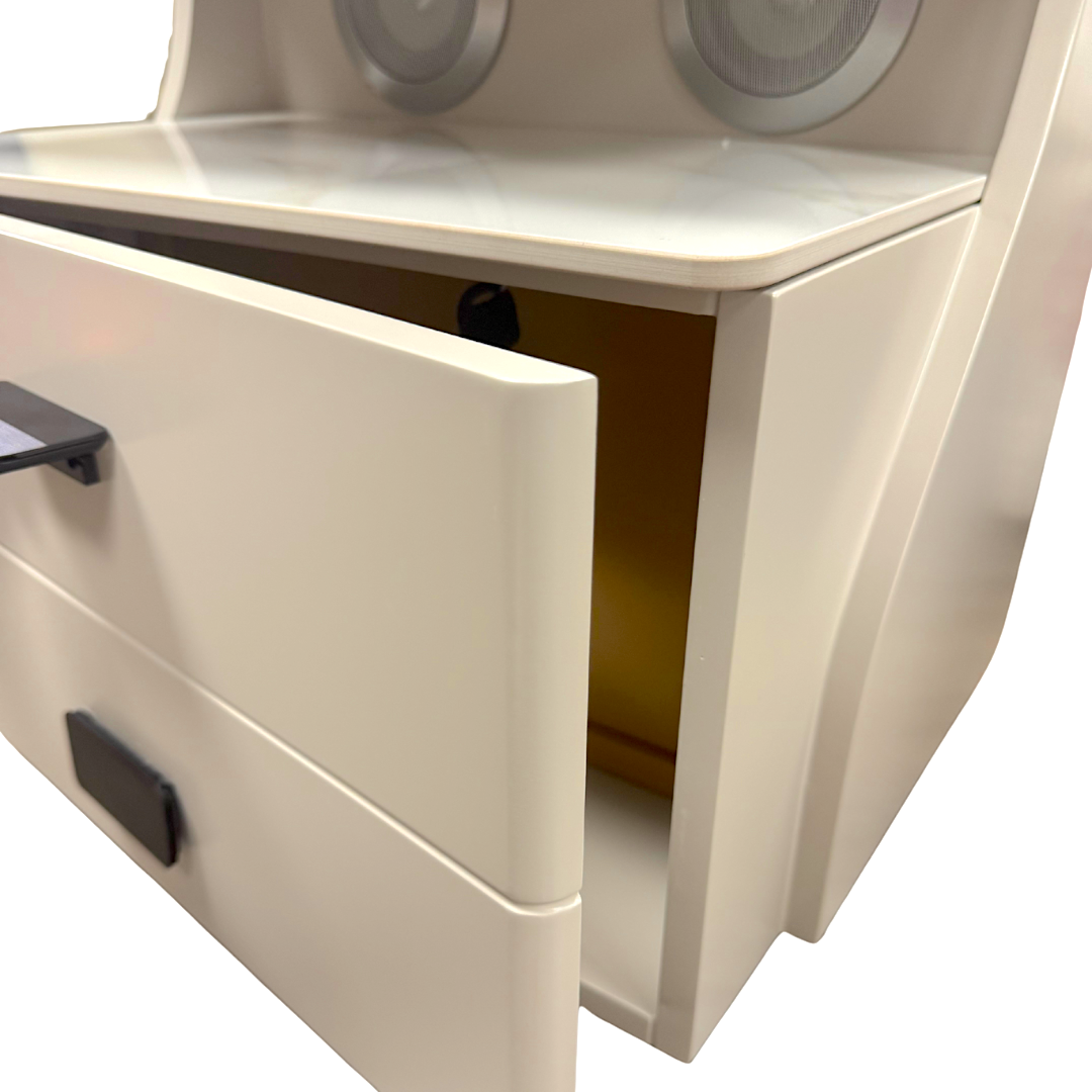 Beige storage unit with open drawer on a white background
