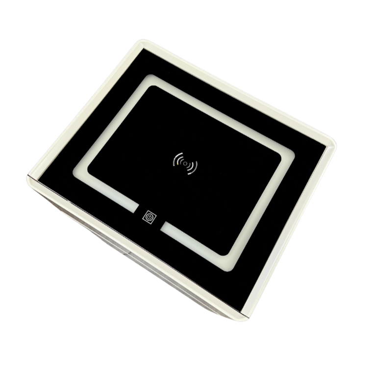 Square electronic device with a wireless charging pad on a white background