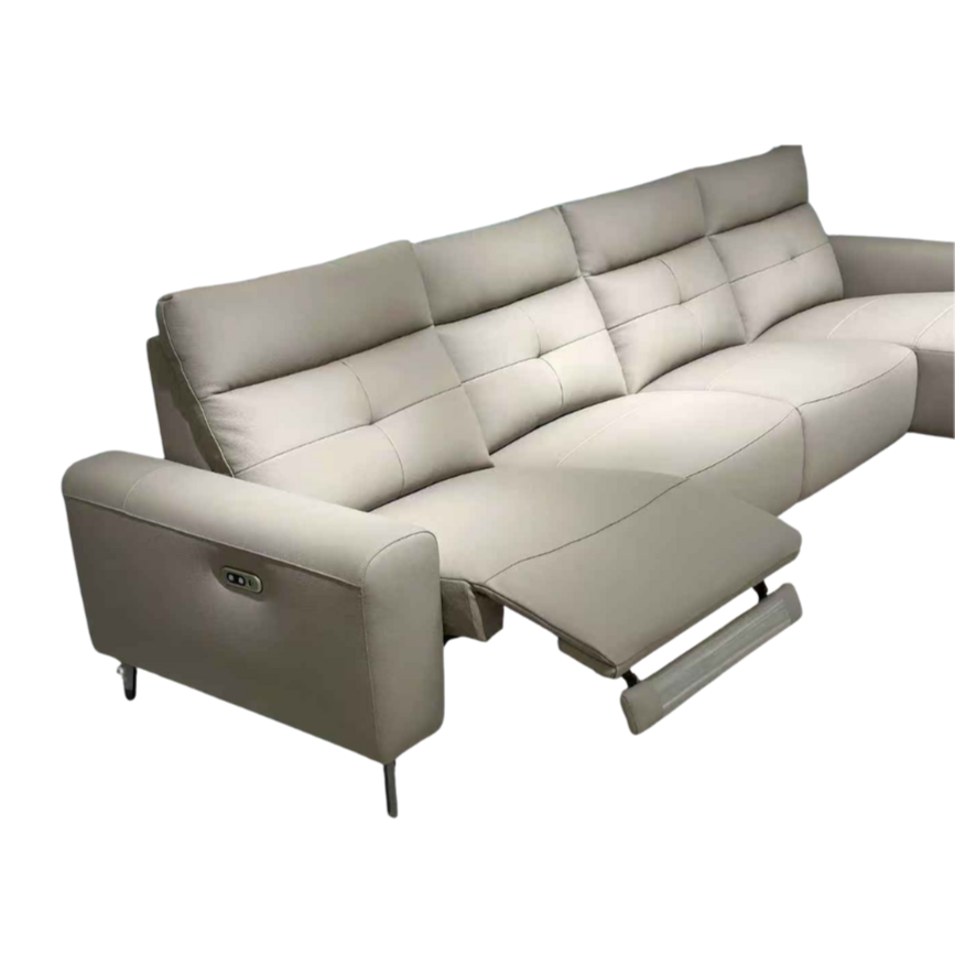 Beige sectional sofa with reclining feature on a white background