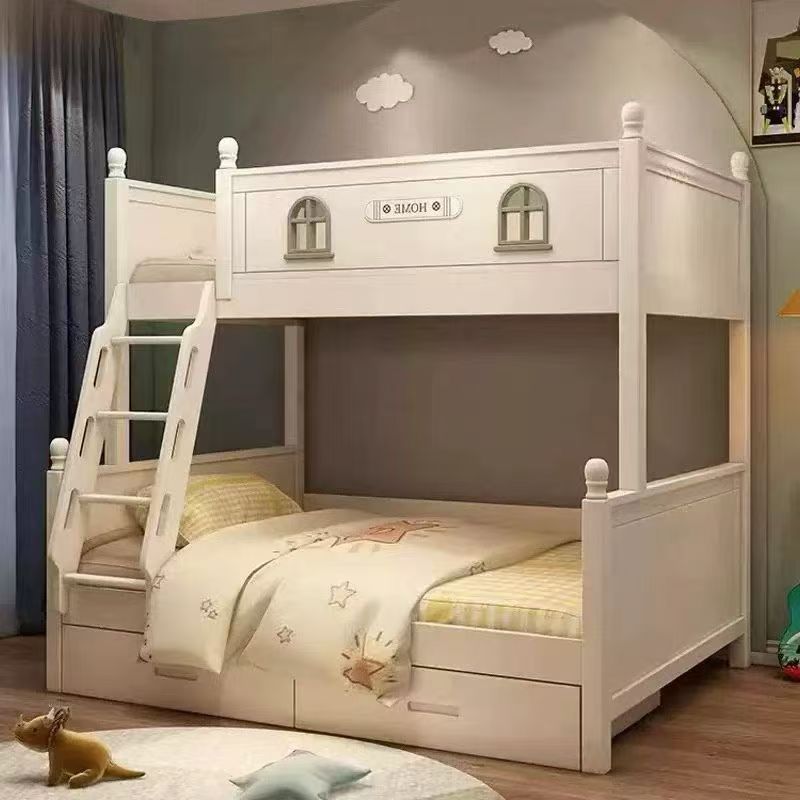White children's bunk bed with ladder in a room setting