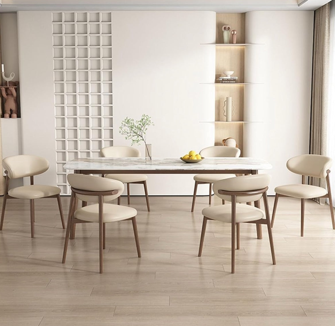 Modern dining room with a long table and chairs in a minimalistic setting.