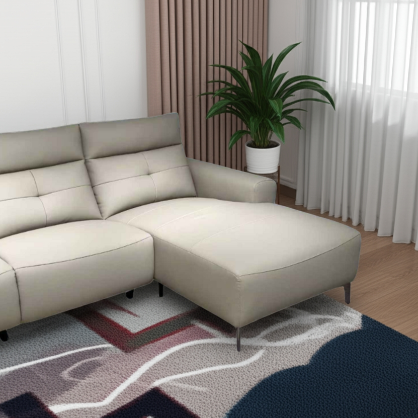 Beige sectional sofa in a living room with a patterned rug and plant.
