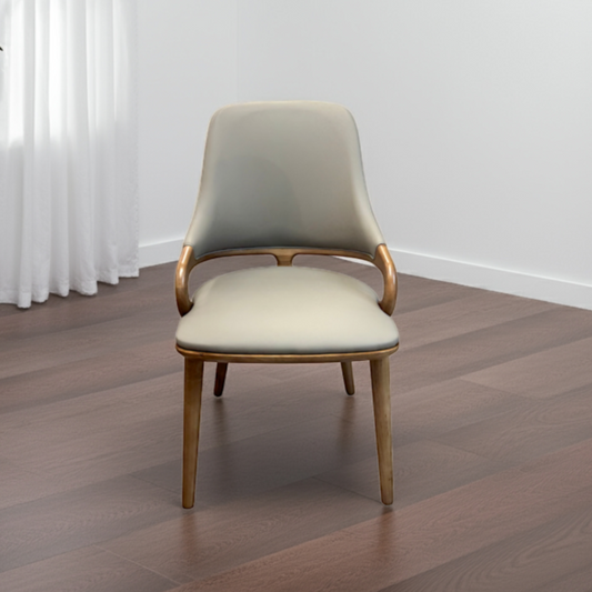 Chair with beige cushioned seat and backrest on a wooden floor.