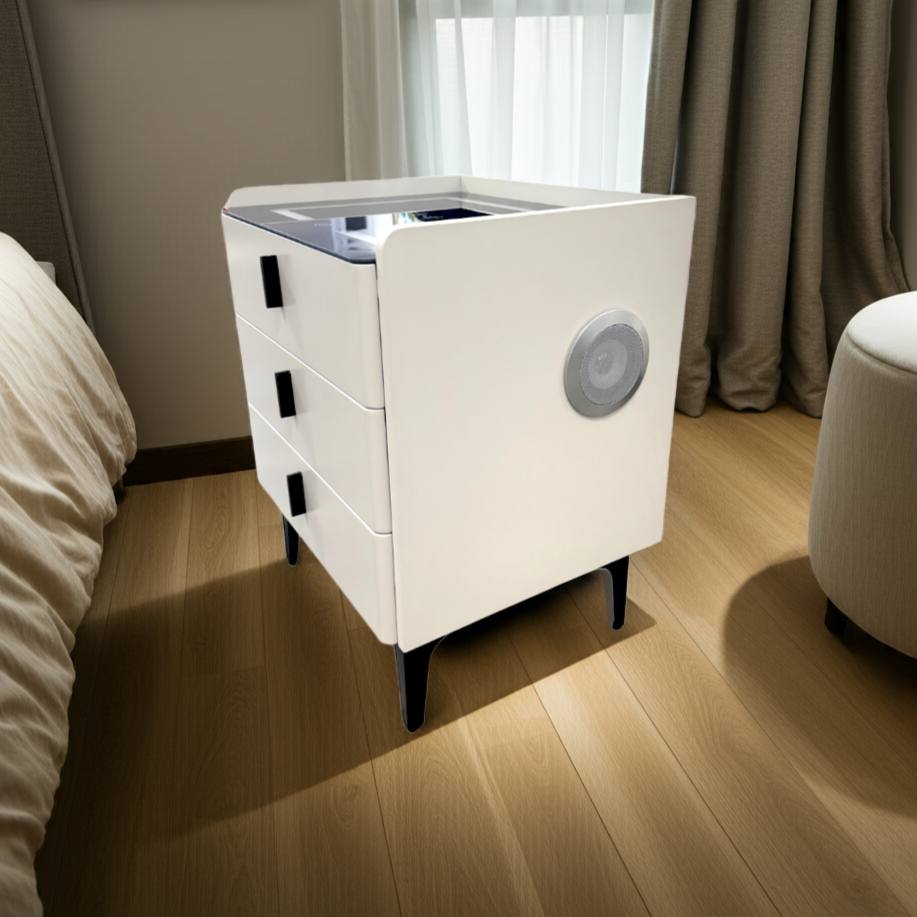 White nightstand with drawers in a bedroom setting