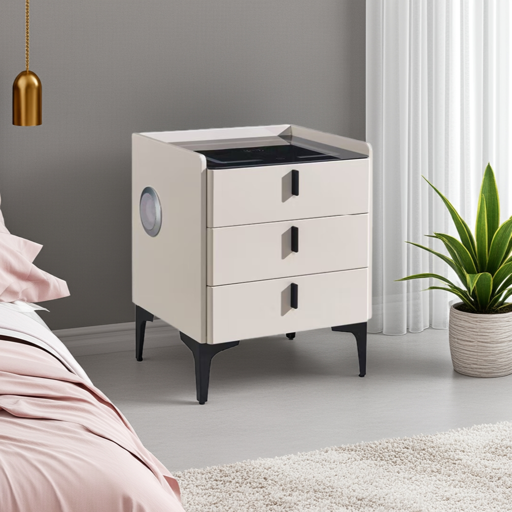 Beige nightstand with black accents in a bedroom setting