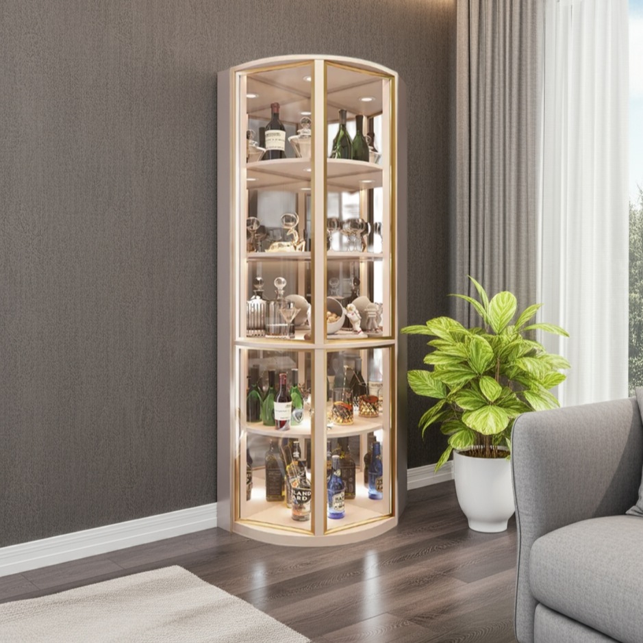 Corner display cabinet with glass doors in a living room setting.