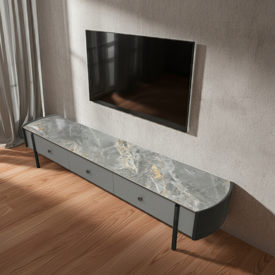 Modern TV stand with marble-like top in a minimalistic room.