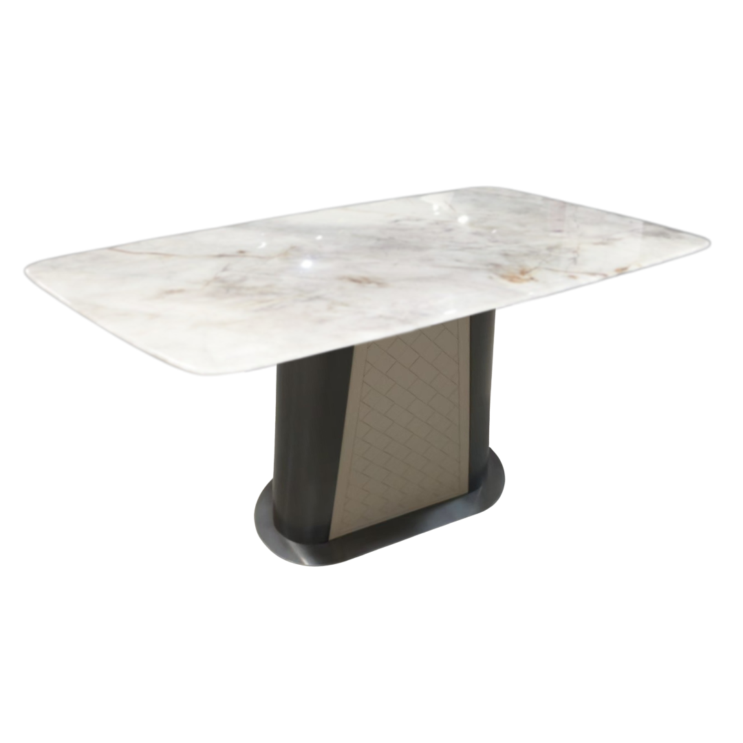 Dining table with marble-like top and black base on a white background