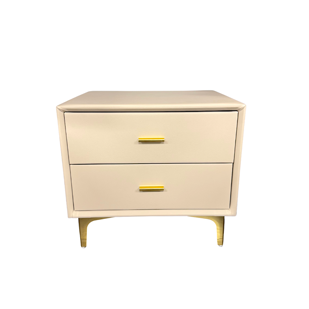 Beige nightstand with two drawers and gold handles on a white background