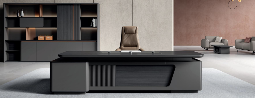 Modern office desk with a chair in a stylish office setting