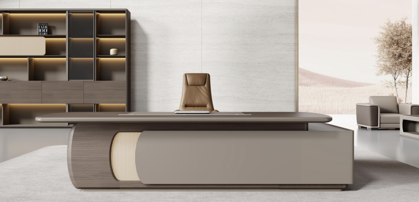 Modern office desk with a chair in a minimalistic office setting