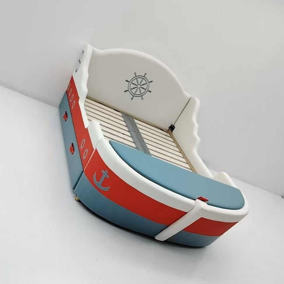 Small model boat with a white base, red stripe, and blue top on a white background