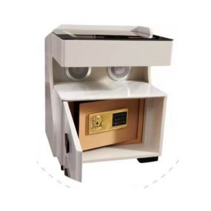 Modern safe with open door revealing a gold interior on a white background