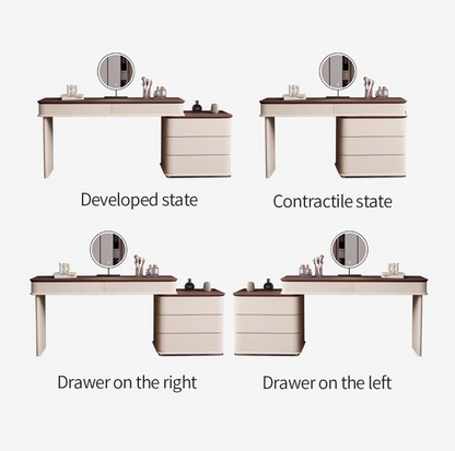Illustration of a desk with a mirror and drawers in different states on a white background.