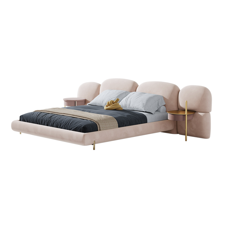 Modern bed with beige headboard and side tables on a white background