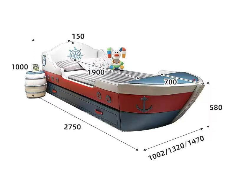 Diagram of a boat with dimensions labeled on a white background