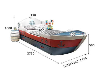 Diagram of a boat with dimensions labeled on a white background