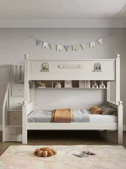 White children's bunk bed with shelves and a small bed on top in a room.