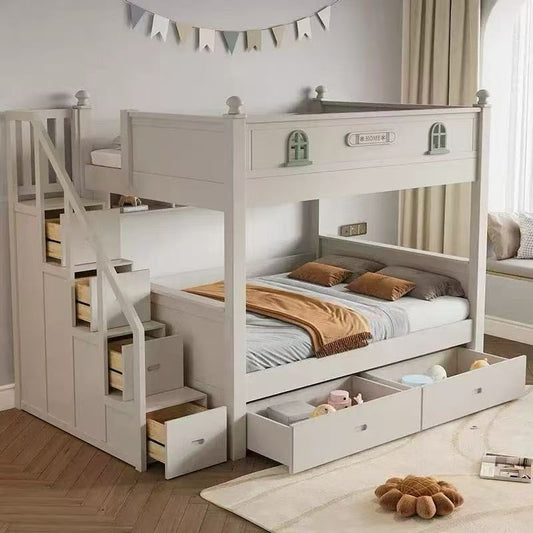 White children's bunk bed with stairs and storage drawers in a room.