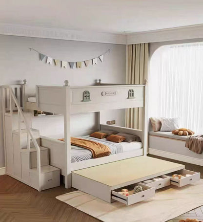 White bunk bed with pull-out trundle in a bedroom setting.