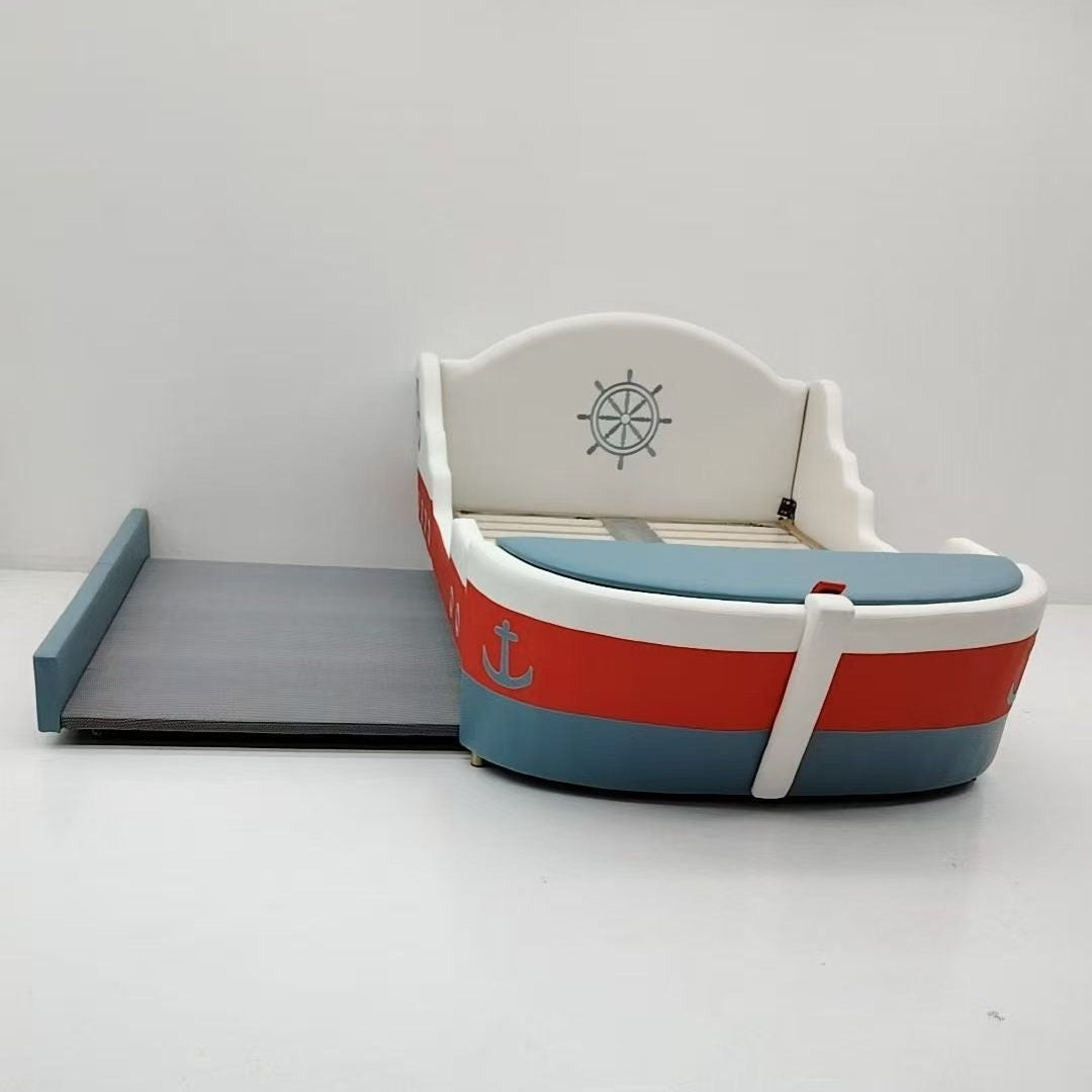 Children's bed designed like a boat with anchor and wheel symbols on a white background