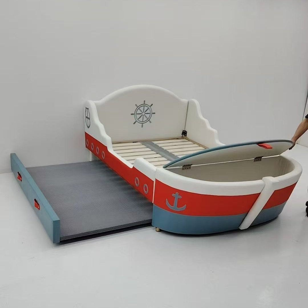 Children's boat-shaped bed with a slide on a white background