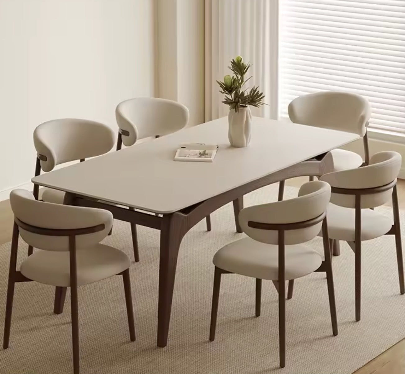 Dining table set with chairs in a modern room