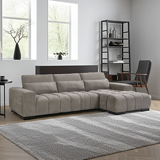 Modern living room with a gray sectional sofa, rug, and bookshelf.