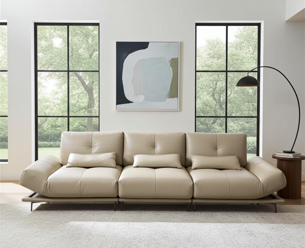 Beige sectional sofa in a modern living room with large windows and a lamp.