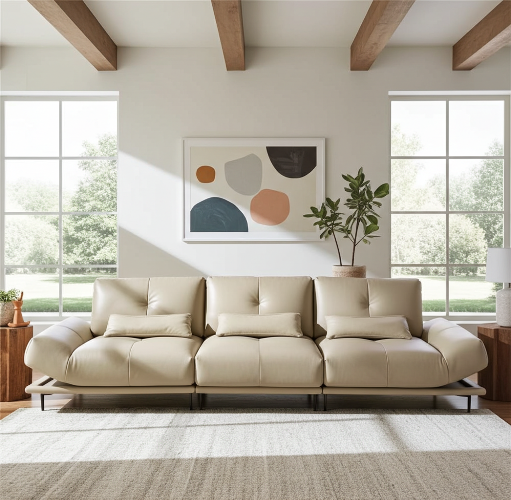 Beige sectional sofa in a modern living room with large windows and abstract art on the wall genesis furniture