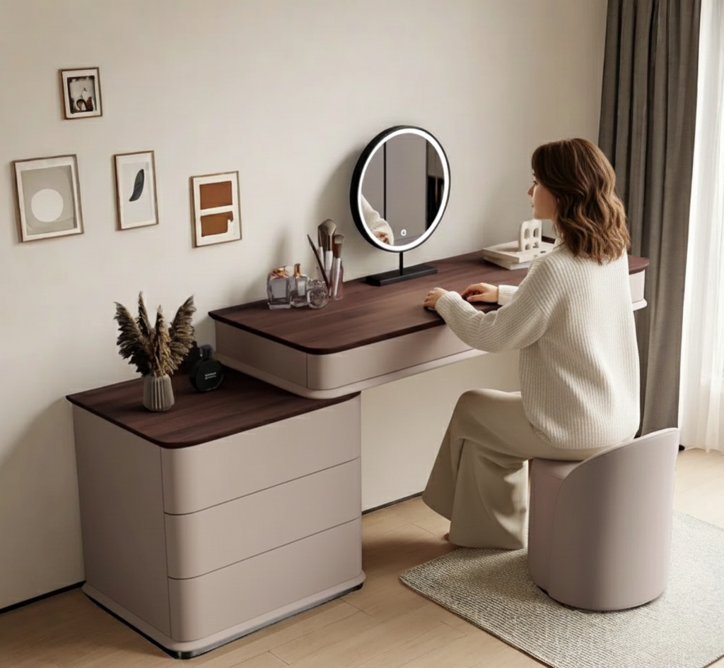 Woman using a modern vanity table with a round mirror in a well-lit room.