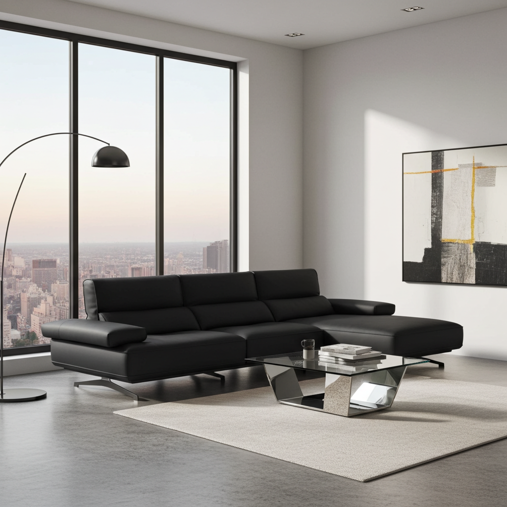 Modern living room with a black leather sectional sofa and glass coffee table genesis furniture