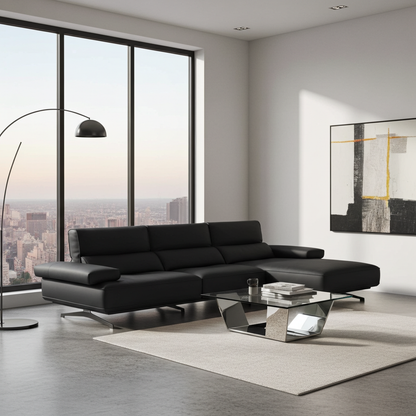 Modern living room with a black leather sectional sofa and glass coffee table genesis furniture