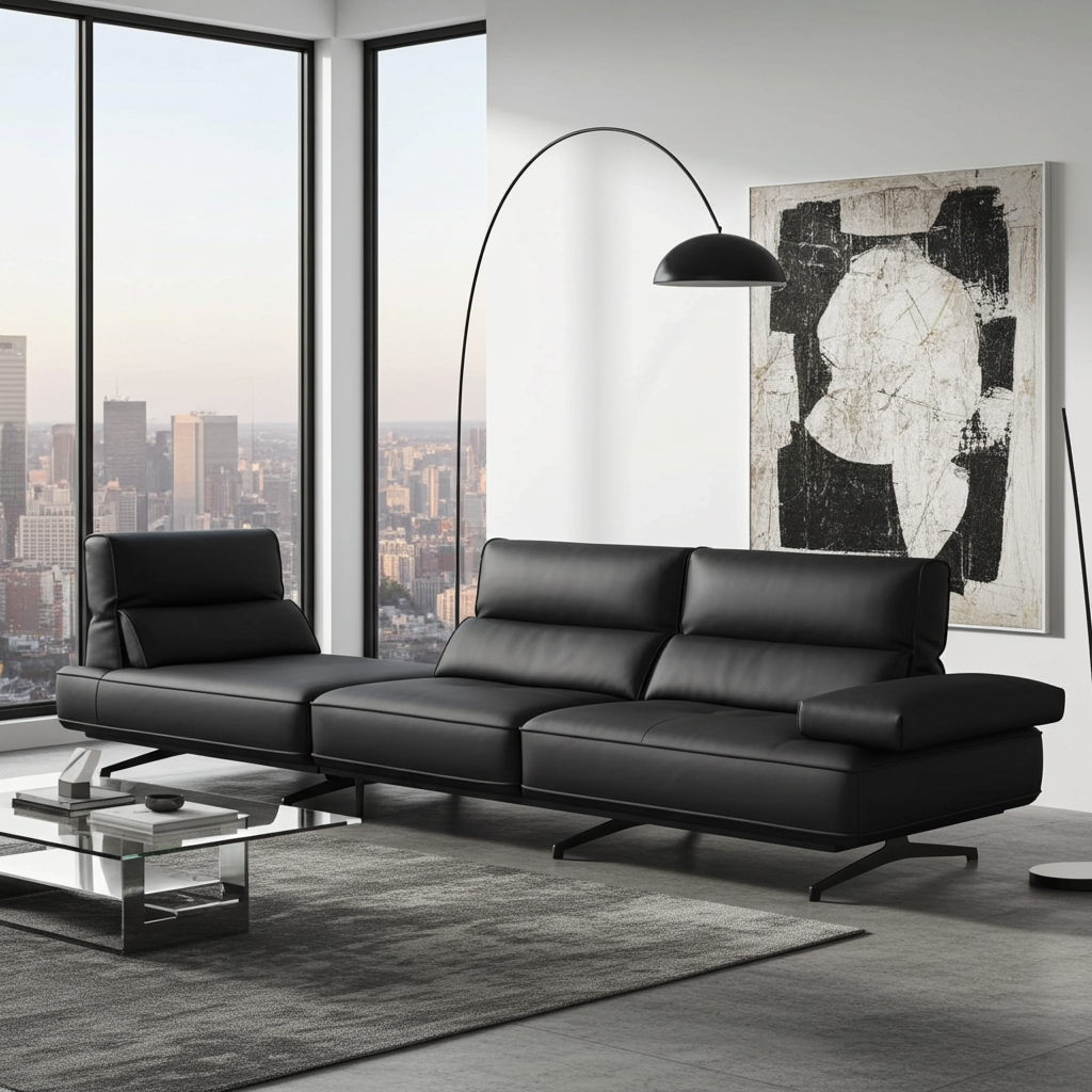 Modern living room with a black leather sectional sofa, abstract art, and cityscape view genesis furniture