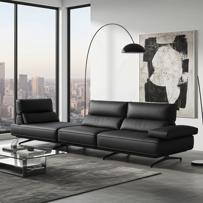 Modern living room with a black leather sectional sofa, abstract art, and cityscape view genesis furniture