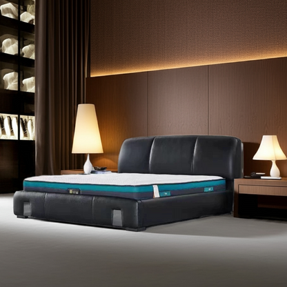 Black leather bed frame with teal mattress in a modern bedroom setting.