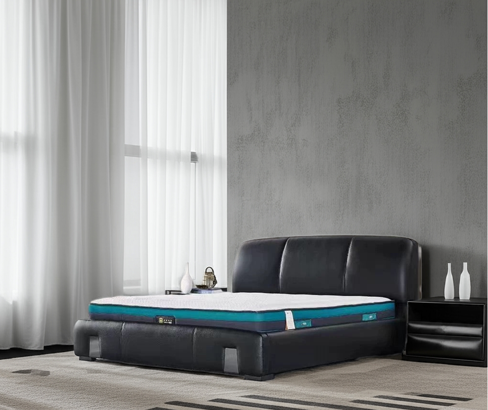 Black leather bed with a mattress in a modern bedroom setting.